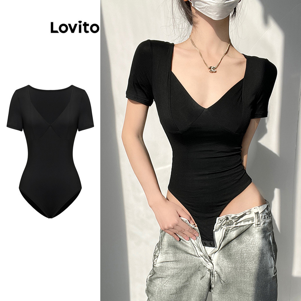 Lovito บอดี้สูทผู้หญิง เย็บตีเกล็ดหน้า สีพื้น สไตล์หรูหรา L87ED110