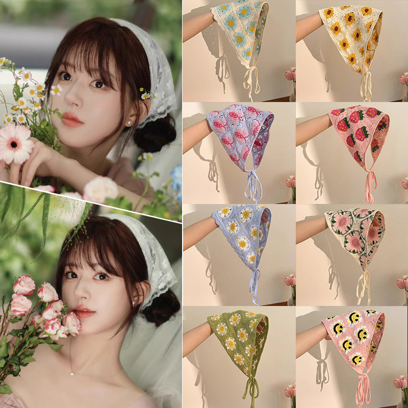 ฝรั ่ งเศส Retro ถักสามเหลี ่ ยม Headscarf หวานและน ่ ารัก Dopamine รูปแบบวรรณกรรมสไตล ์ Headscarf สําหรับผู ้ หญิงฤดูร ้ อนแถบคาดศีรษะ
