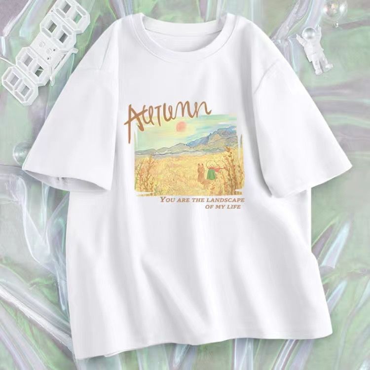 เสื้อยืด Oversize(40-150กก.)เสื้อยืดสีน้ําตาลพลัสขนาดผู้หญิงแฟชั่นแขนสั้นพิมพ์ท็อปส์