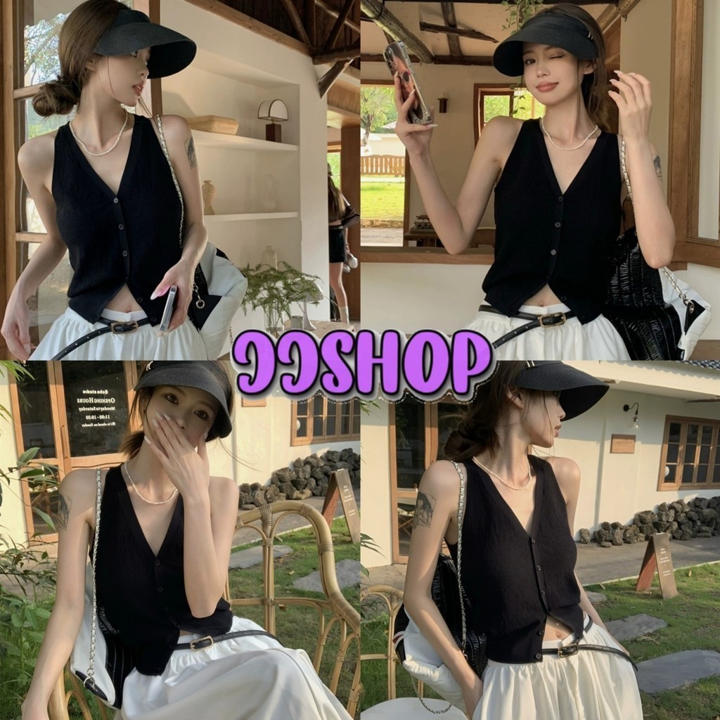 JJ Shop​ ​พร้อมส่ง เสื้อกล้ามไหมพรม คอวี แขนกุด สไตล์มินิมอลน่ารักๆสบาย "05016"