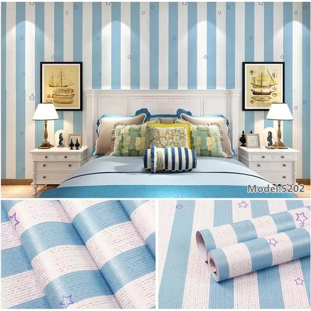 PWshop พิเศษมาก!!! ลายแถบ ขาวฟ้า 45X1000CM Wallpapers วอลเปเปอร์ วอลเปเปอร์ติดผนัง สติกเกอร์ติดผนัง