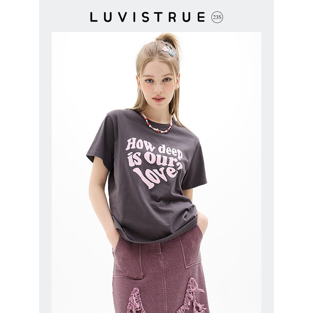 Luv IS TRUE ฤดูใบไม ้ ผลิสไตล ์ ใหม ่ อเมริกันหลวมลําลองพิมพ ์ เสื ้ อยืดแขนสั ้ นผู ้ ชายผู ้ หญิง