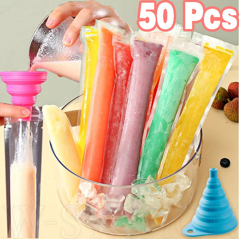 50 ชิ้นถุงไอติม-แม่พิมพ์ไอศครีม ทําเอง -เกรดอาหารโปร่งใสป้องกันการรั่วปิดผนึกด้วยตนเองหนาทําถุงน้ําแข็ง-ถุงบรรจุภัณฑ์น้ําแข็งบดทิ้ง-อุปกรณ์ครัว