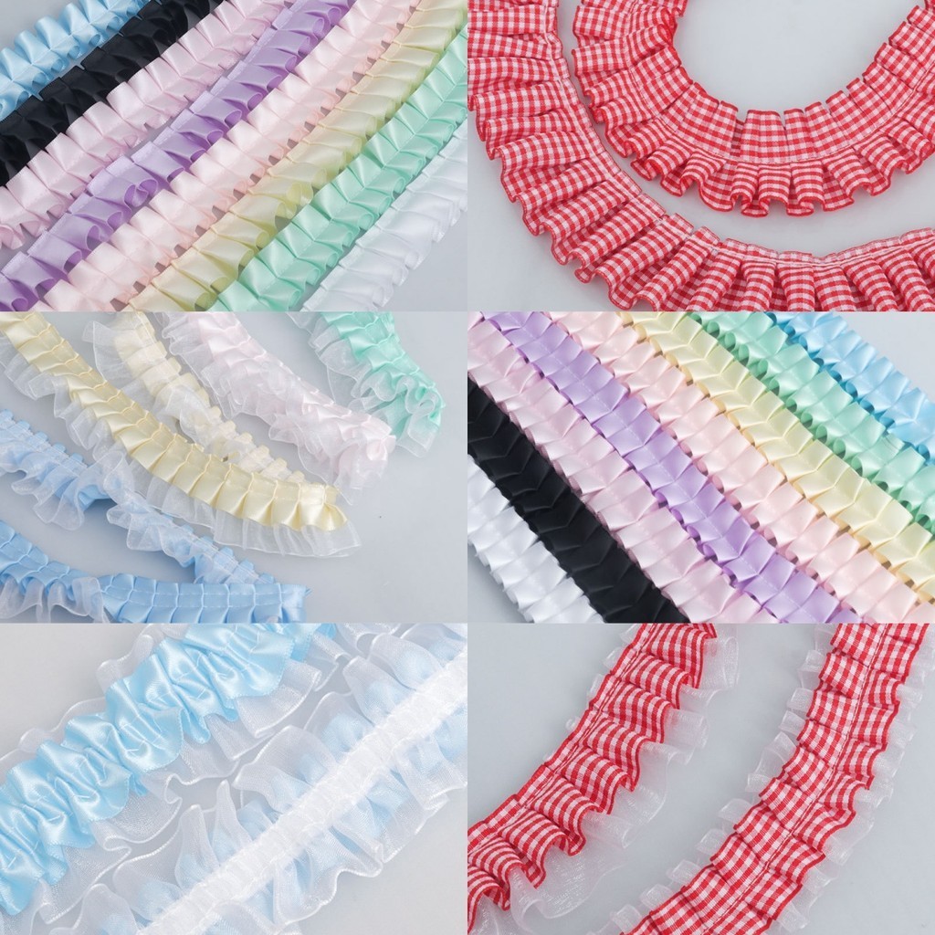 1yard 2.5/3.5/3.8/4 ซม.กว้างสองชั้นสีขาวสีดําสีชมพูจีบลูกไม้ Fabric ริบบิ้นเย็บปักถักร้อย Ruffle Trim Lolita เครื่องแต่งกาย DIY เย็บตกแต่ง
