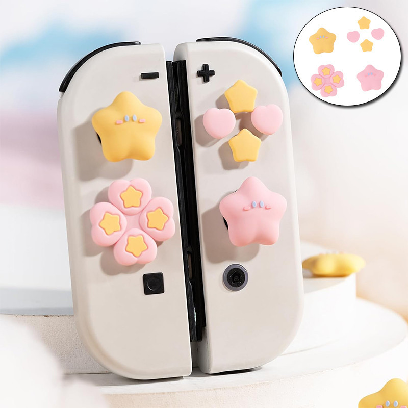 น่ารักสวิทช์ D-Pad ปุ่มหมวกซิลิโคน Thumb Grips ชุด, ABXY ปุ่มสติกเกอร์จอยสติ๊กฝาครอบสําหรับ Nintendo Switch/OLED – สีชมพูสีเหลืองดาว