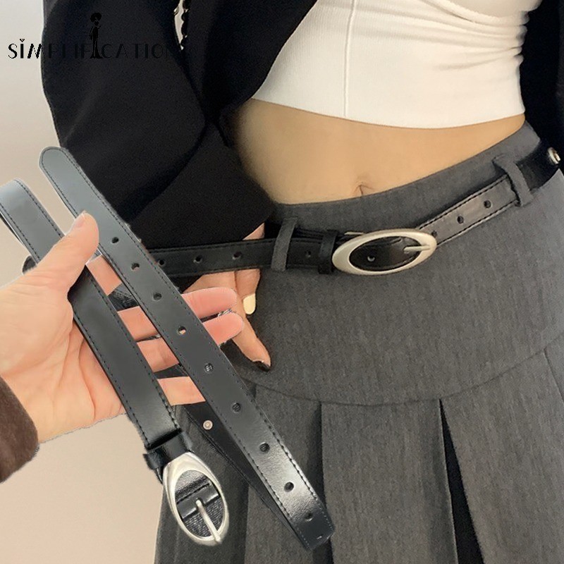 1 PC Vintage Y2K Silver PU เข็มขัดหนัง-แฟชั่นบางรูปไข่หัวเข็มขัดเข็มขัด-ผู้หญิงกางเกงยีนส์กางเกงเข็มขัดตกแต่ง