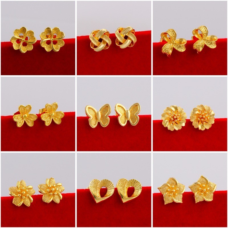 เกาหลีใต้ 24K Gold ดอกไม้ต่างหูผู้หญิงเลียนแบบ Gold Colorfast Crown Love Heart ต่างหูอุปกรณ์เสริมของขวัญ