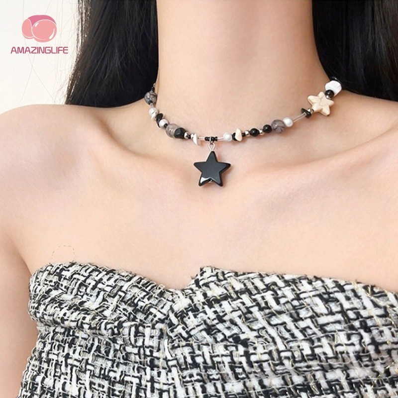 1 PC Sweet Cool Black Star สร้อยคอลูกปัด - ผู้หญิงสาว Y2k Pentagram ลูกปัด Choker - Simple สร้อยคอเครื่องประดับอุปกรณ์เสริม