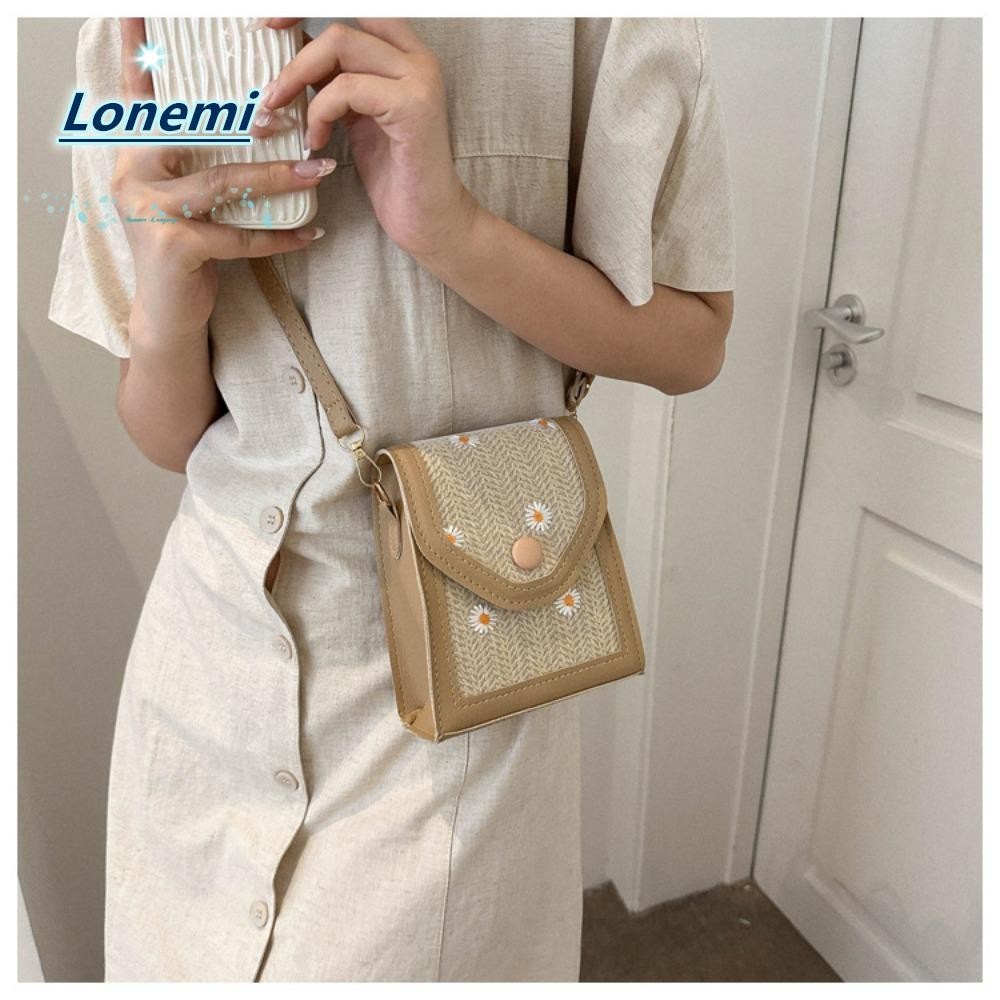 Lonemi Straw Plaited Phone Bag, Straw Dacron Embroidery Bag, Little Daisy Phone Pouch