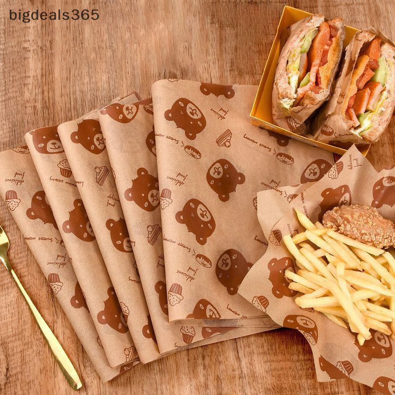 [bigdeals365] กระดาษบรรจุภัณฑ์แซนวิช 100 ชิ้นเกรดอาหารไม่มี BisphenolA กระดาษทนน้ํามันขนมปังแซนวิช Fries Oilpaper เครื่องมืออบสต็อกใหม่