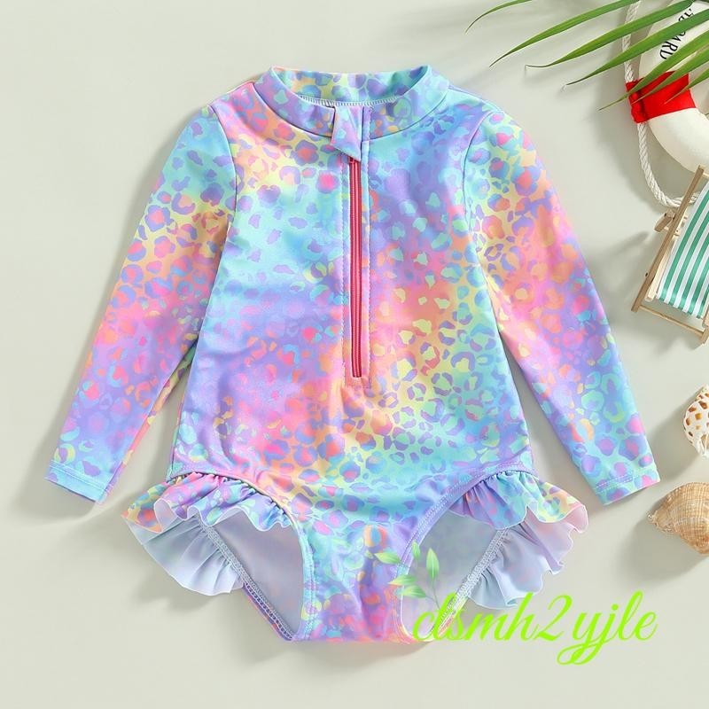 เด็กทารกหญิงชุดว่ายน้ำปลาพิมพ์RufflesแขนยาวJumpsuitชุดว่ายน้ำBeachwearชุดว่ายน้ำ