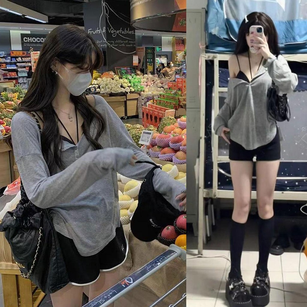 Dahong เสื้อยืดแขนยาวสาวอวบ แบบสวมหัว ทรงหลวม ทรงหลวมสไตล์เกาหลีน่ารัก สีพื้น แฟชั่นวัยรุ่น 2366