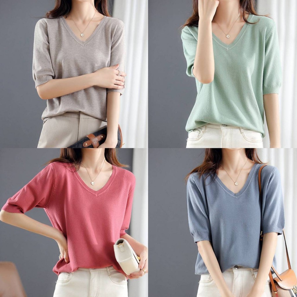 เสื้อยืดผ้าไหมพรมคอวี สีพื้น ผ้านิ่ม ใส่สบาย ไซส์ใหญ่ผ้ายืดได้เยอะ