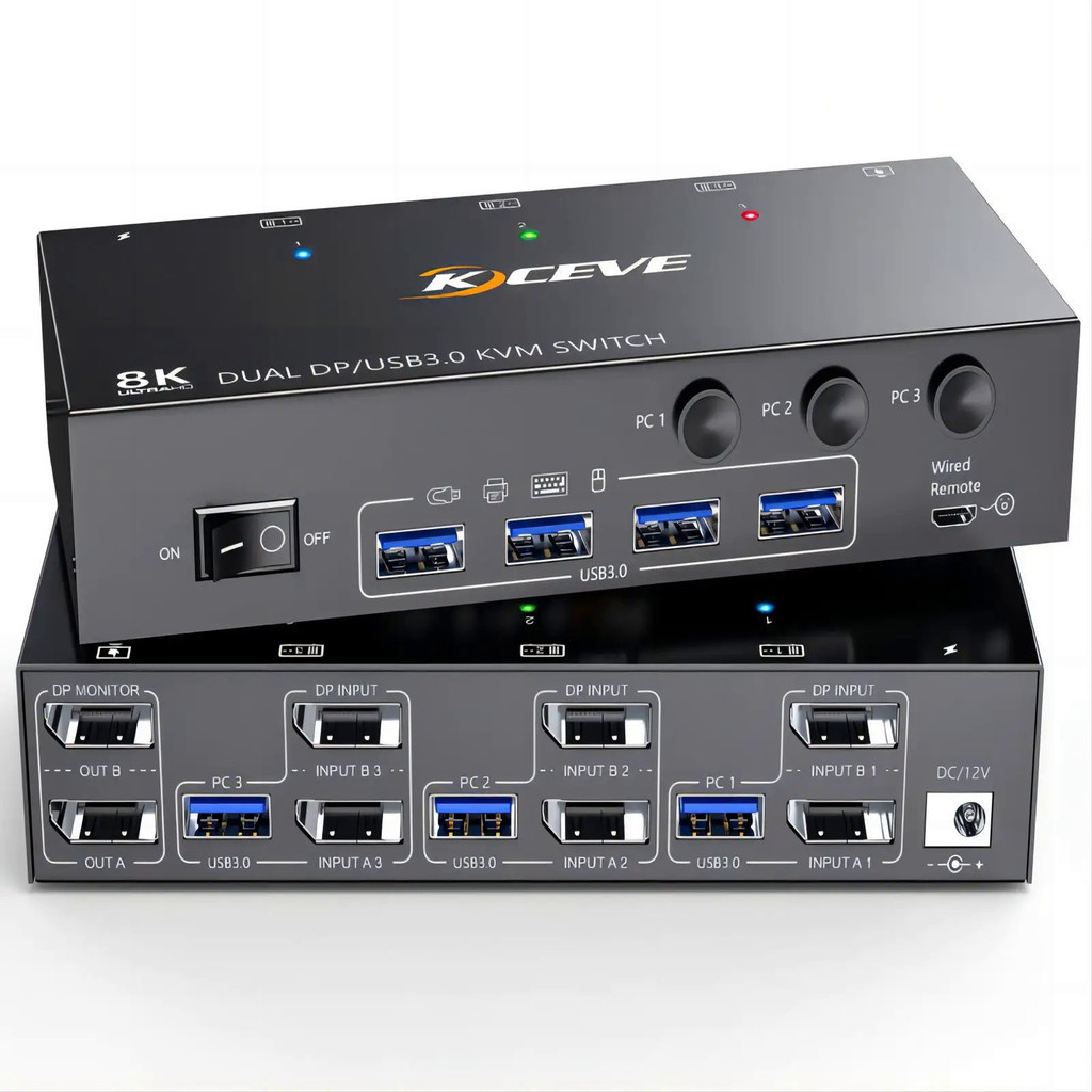 Kceve 8K Displayport KVM Switch 2 จอภาพ 3 คอมพิวเตอร์ 8K@60Hz 4K@144Hz,Dual Monitor KVM Switch Displ