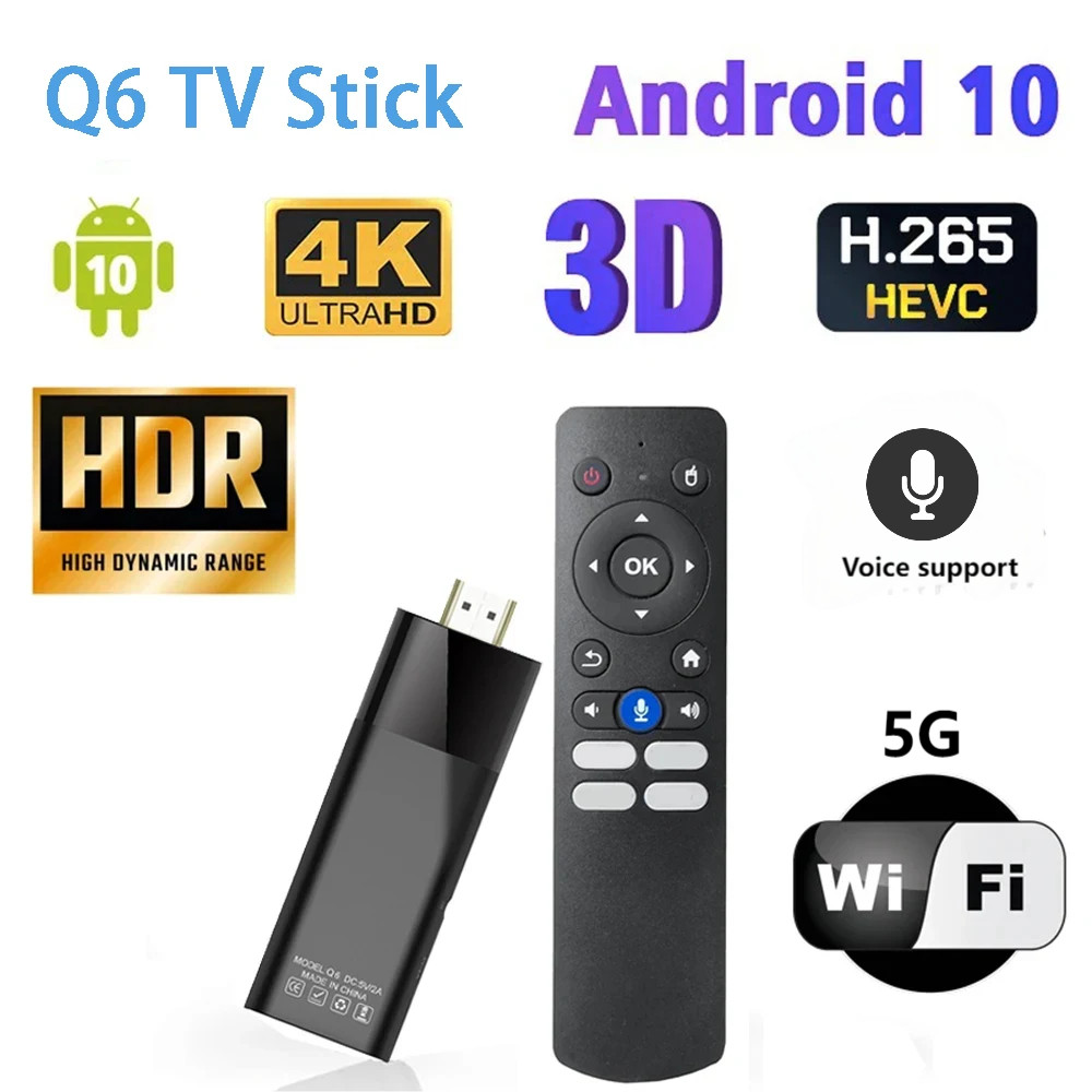 Q6 TV Stick ควบคุมเสียง Allwinner H313 quad core Cortex A53 HDMI2.0 Dual WiFi 4G 5G Android 10 ทีวี 
