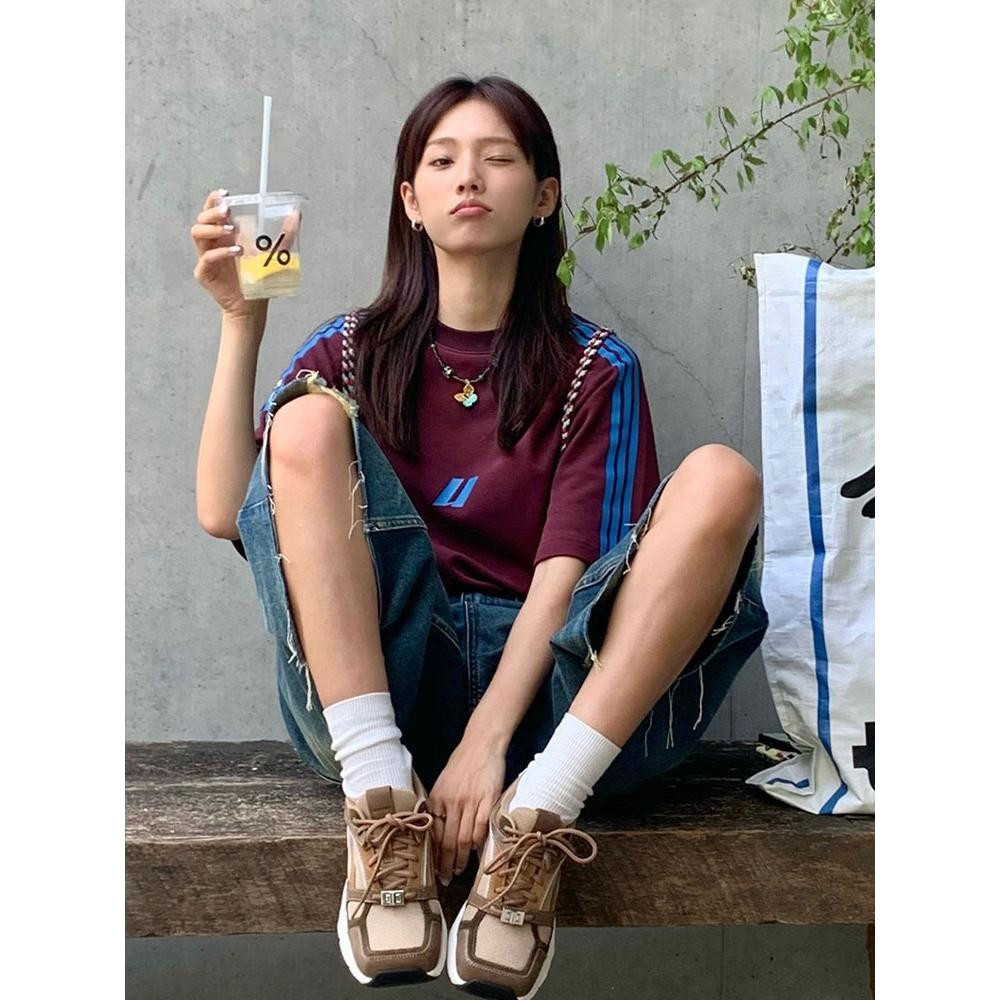 Solovely M-2XL เสื ้ อยืดคอกลมแขนสั ้ นพิมพ ์ ลายทางเกาหลีสําหรับผู ้ หญิง