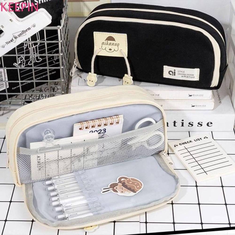 Keepin กระเป๋าเครื่องเขียนผ้าใบ, Desktop Storage Aesthetic Multi Layer กระเป๋าดินสอ, Kawaii สไตล์เกาหลีขนาดใหญ่ความจุ Puppy กระเป๋าดินสอ Office
