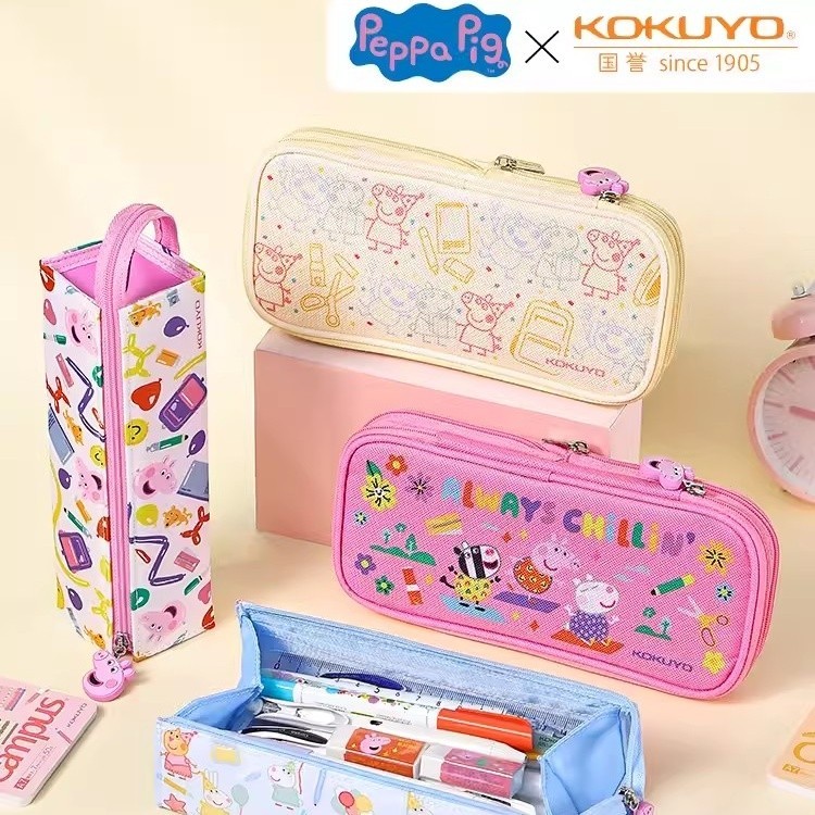 Kokuyo กล่องดินสอสองชั้นกล่องเครื่องเขียนที่มีรูปลักษณ์สูงและกล่องเครื่องเขียนหมู Peppa นักเรียนน่ารัก