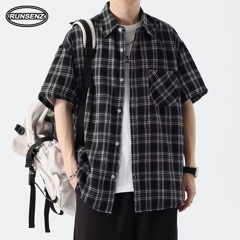M-8xl แฟชั ่ นลายสก ๊ อตสีดําเสื ้ อผู ้ ชายขนาดบวกแขนสั ้ นเสื ้ อหลวมสบายๆฤดูร ้ อนด ้ านบน