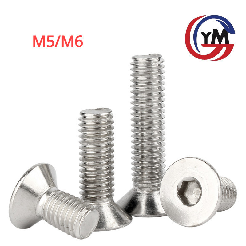 [ Ymh1] น็อต สกรู หัวจม หกเหลี่ยม เตเปอร์ สแตนเลส 304 เกลียวมิลหยาบ / Flat Head Hexagon Socket Machine Screw M5/M6