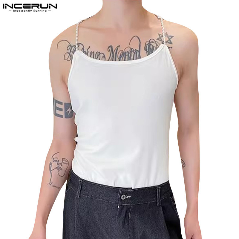 Incerun ผู ้ ชายเกาหลีแฟชั ่ นสีทึบแขนกุดไหล ่ Harness Tanks