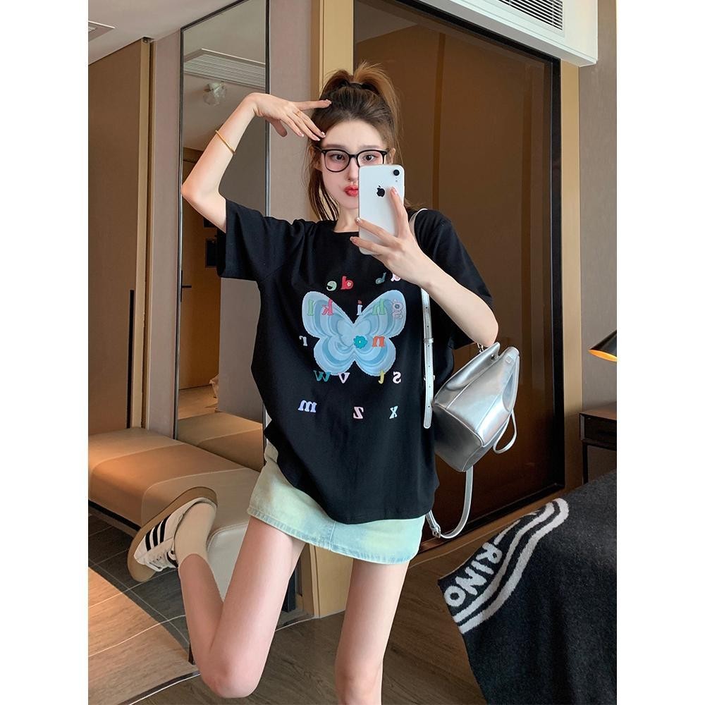 Papaya เสื้อยืด โอเวอร์ไซส์ 'Butterfly' เสื้อยืดแฟชั่นเกาหลี เสื้อยืดผู้หญิง ผ้าคอตตอน 100% WS1034