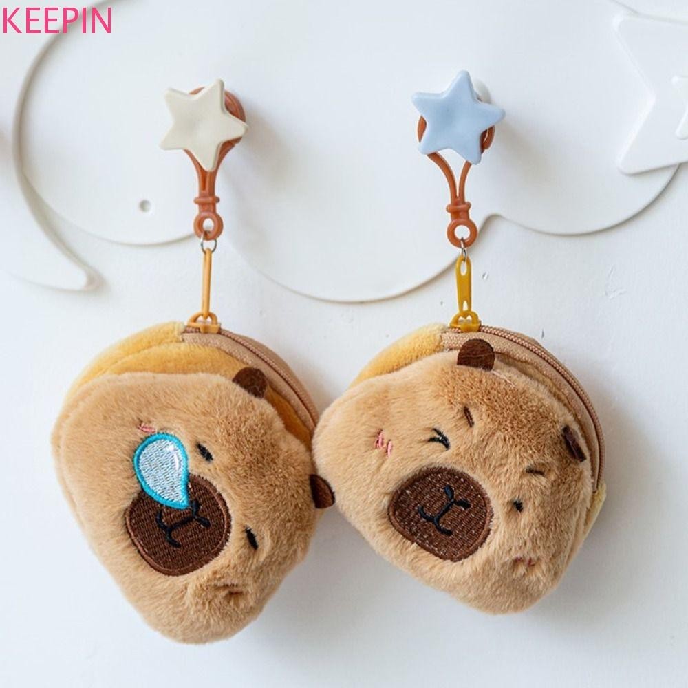 Keepin Capybara กระเป๋าใส่เหรียญกระเป๋าสตางค์,ซิปกระเป๋าเงิน Capybara Plush กระเป๋า,กระเป๋าแบบพกพาจี้พร้อมพวงกุญแจจี้กระเป๋าเหรียญ Capibara หูฟังกรณีกลางแจ้ง