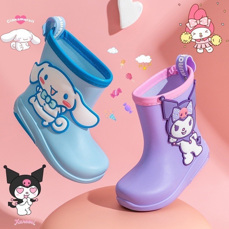 Sanrio รองเท้ากันฝนสําหรับเด็กการ์ตูน Kuromi Anti Slip และทนต่อการสึกหรอ Soft Soled รองเท้ากันฝนเด็กอนุบาล