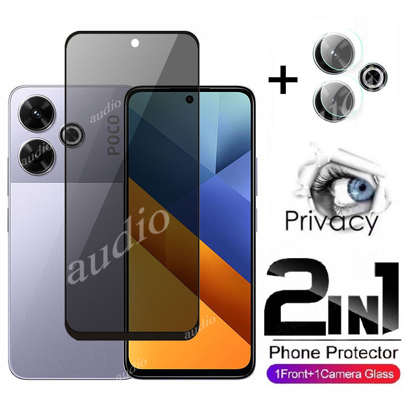 2in1 หน้าจอส่วนตัวพร้อมฟิล์มเลนส์สําหรับ POCO m6 4G 2024 ความเป็นส่วนตัวป้องกันหน้าจอกระจกนิรภัยฟิล์