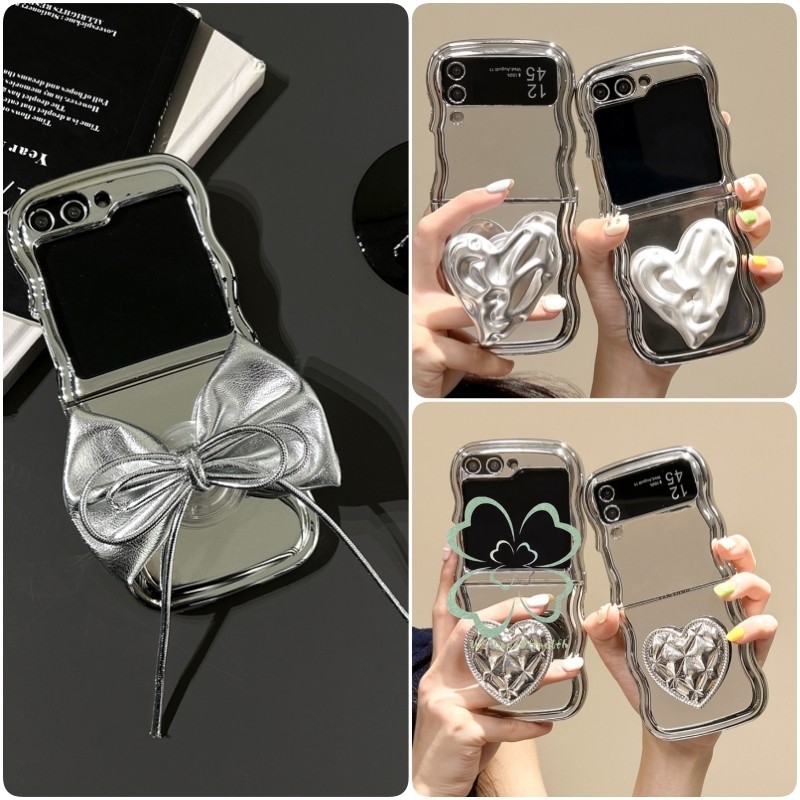 Electroplated 3D Heart Bowknot Bracket Soft Case Samsung Galaxy Z Flip 6 Z Flip 5 Flip 4 Flip 3 Wave Edge Casing Silver กันกระแทกปกหลัง