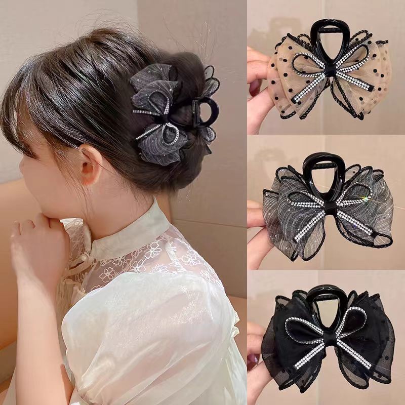 แฟชั ่ นเกาหลีระดับไฮเอนด ์ Rhinestone Bow Gripper ใหม ่ Bubble Shiny Polka Dot ตาข ่ าย Shark คลิป
