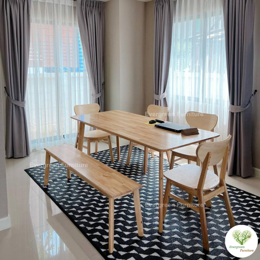 Evergreen Furniture โต๊ะทานข้าว ชุดโต๊ะรับประทานอาหาร (เก้าอี้ 4 ม้านั่ง 1) ขนาด 150-180 ซม