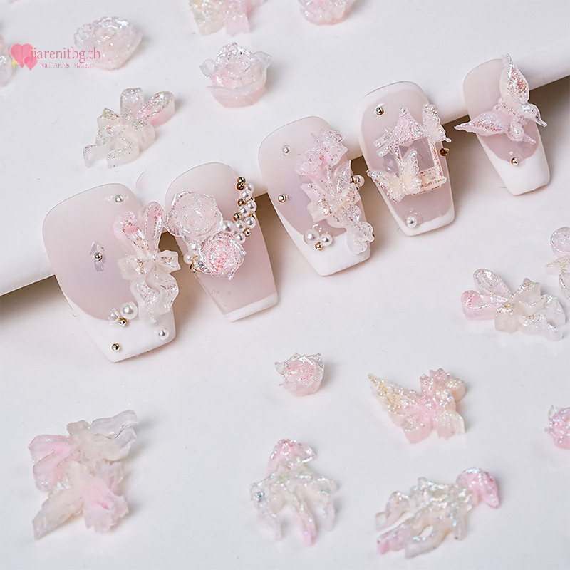 Renbg 50pcs ผีเสื้อเล็บ Charm โบว์ริบบิ้นตกแต่ง 3d วันวาเลนไทน์เรซิ่นแฟชั่น Kawaii เล็บคลาสสิกสีชมพูออกแบบ TH