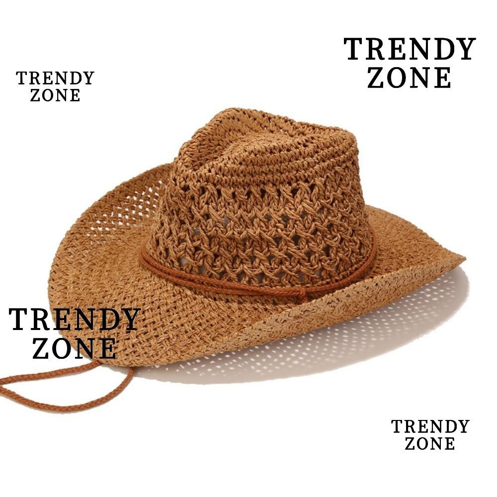 Trendyzone หมวกคาวบอย, หมวกฟางทรงโดมปีกกว้าง, หมวกกันแดดแฮนด์เมดกลวงแฟชั่น