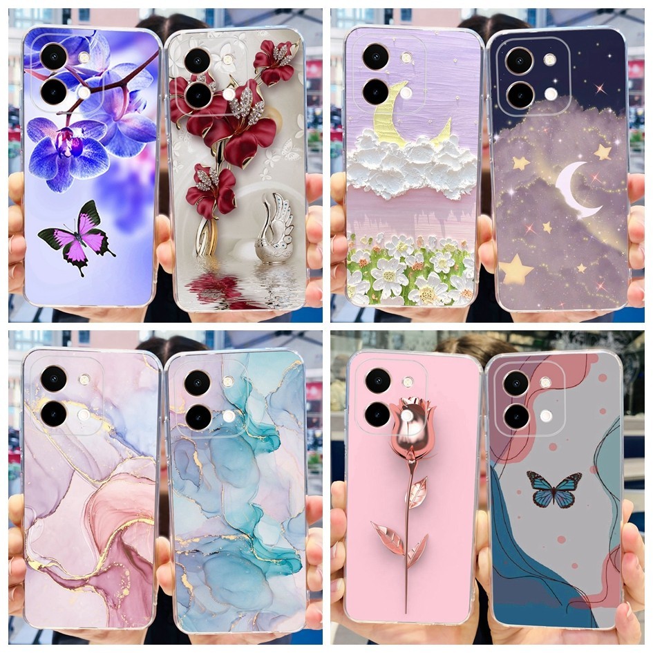 สําหรับ Vivo Y28 4G ปลอก V2352 แฟชั่นหินอ่อนผีเสื้อ Soft Slim ซิลิโคนฝาครอบโทรศัพท์สําหรับ Vivo Y28 4G 2024 Y 28 VivoY28 กรณี