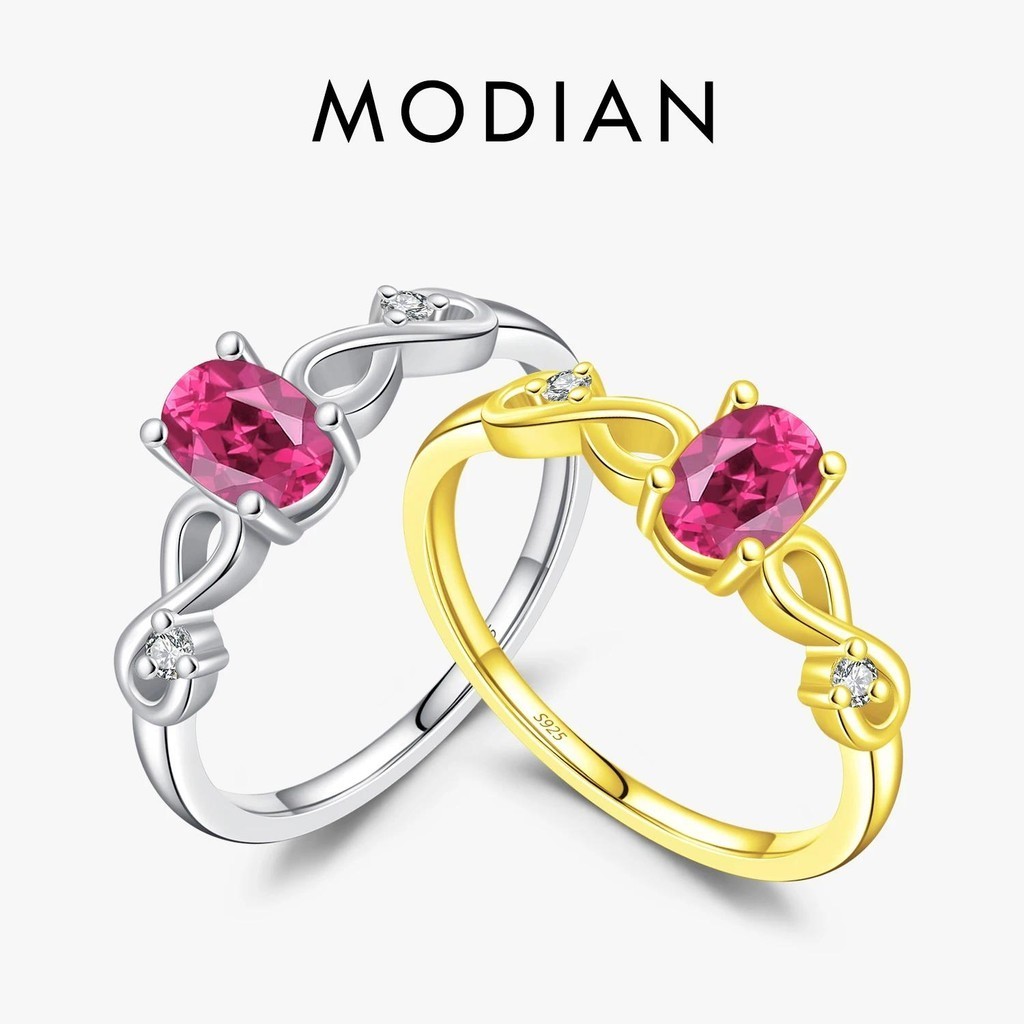 Modian 925 เงินสเตอร์ลิงรูปไข่สีแดง CZ แหวนโรแมนติก Infinite Love Vintage แหวนผู้หญิง Basic Fine เครื่องประดับ