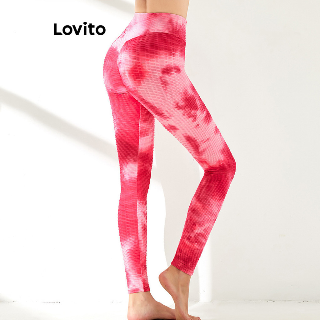 Lovito กางเกงเลกกิ้งผู้หญิง ใส่เล่นกีฬา ลายมัดย้อม แบบคัลเลอร์บล็อก สไตล์สปอร์ต LNL51047