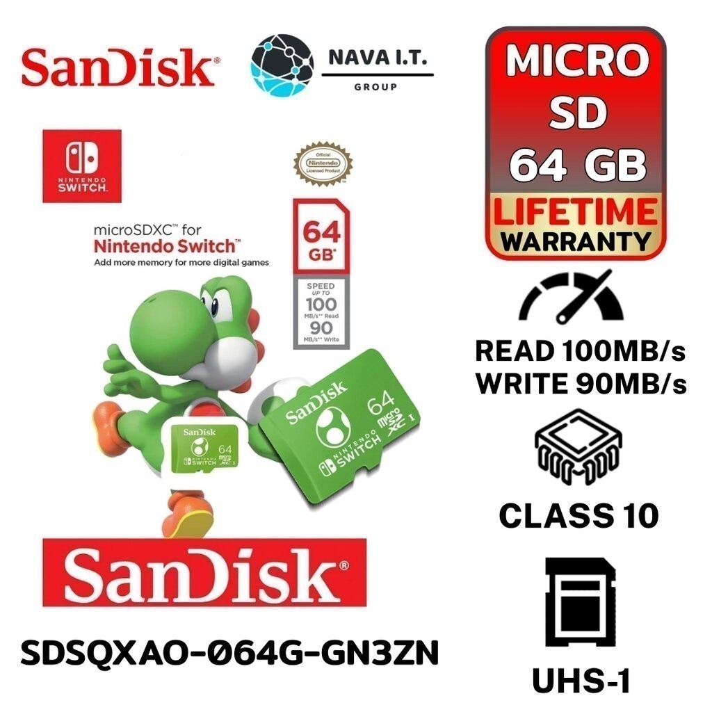 ⚡️กรุงเทพฯด่วน1ชั่วโมง⚡️ SANDISK MICRO SDSQXAO 64GB NINTENDO U3 CLASS 10 R 100MB/s W 90MB/s (SDSQXAO