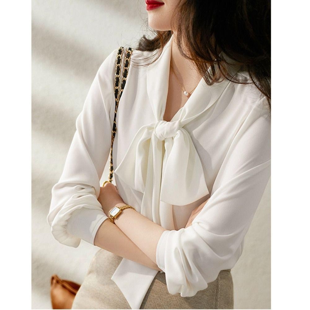 Jane เสื้อเชิ้ตแขนยาว,การเฉลิมฉลอง, ราชินี,เสื้อชีฟอง Riband ผู้หญิง,สีทึบ Slim Fit Office Lady Blouse - รูปที่ 4