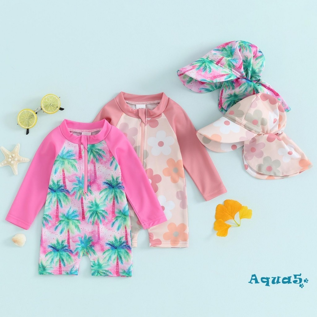 Aqq-toddler Girls Beach ชุดว่ายน้ําแขนยาวดอกไม้/Tropical Tree พิมพ์ Zip Up ชุดว่ายน้ําพร้อมหมวก