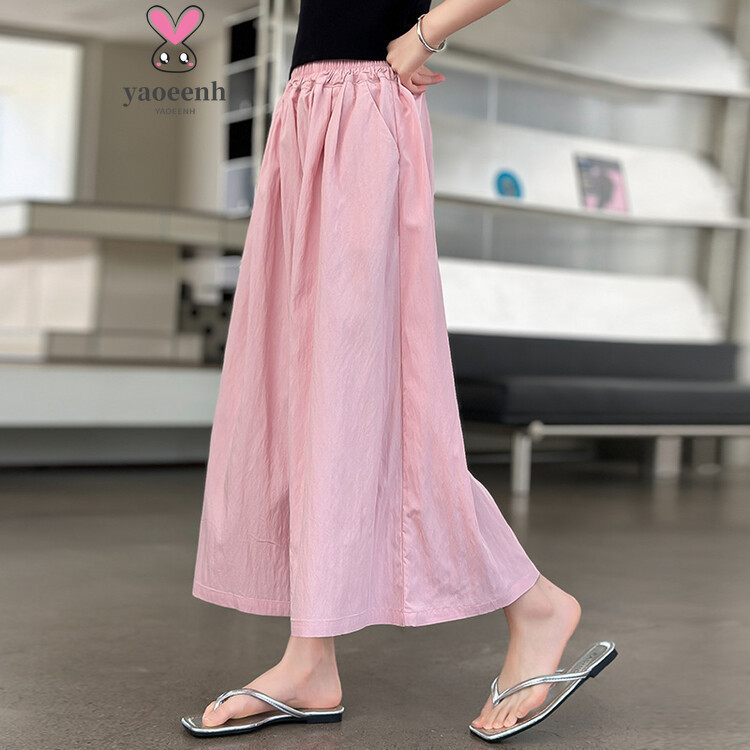 【YAOEENH】120-170 ซม.สาวฤดูร้อนสไตล์บาง Yamamoto Culottes กลางเด็กใหญ่สีทึบหลวมสบายๆข้อเท้าขากว้าง-Le