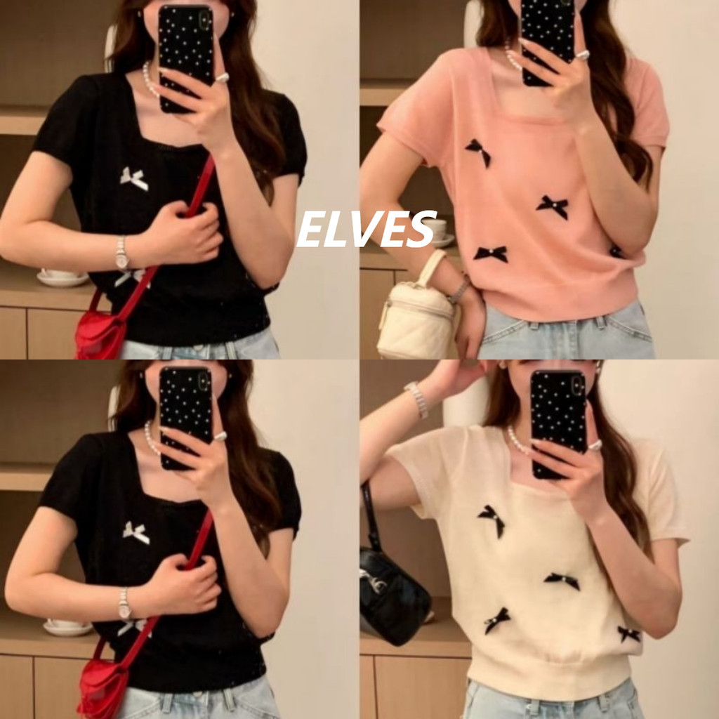 Elves✨พร้อมส่ง✨เสื้อยืดคอกลมแขนสั้นผู้หญิงดีไซน์โบว์หน้าน่ารักสไตล์เกาหลี"E339"