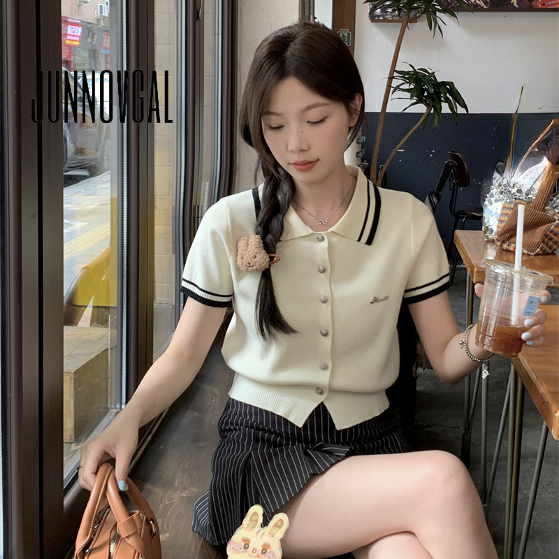 Junnovgal เสื้อโปโลผู้หญิงถักสีทึบ 2024 ลายทางสไตล์ใหม่ทุกการแข่งขันแขนสั้น