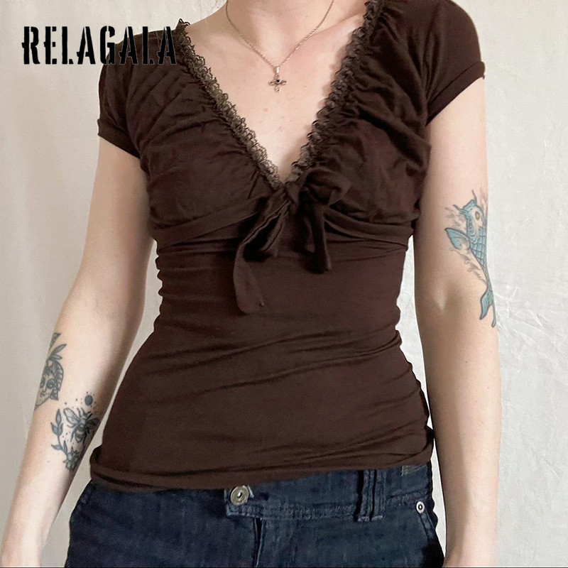 RELAGALA Women 2025 เสื้อยืดแขนสั้นคอวีลูกไม้วินเทจ — صورة 2