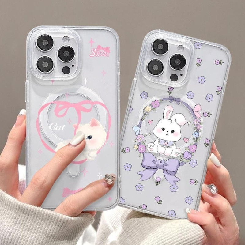 กระต่ายสีม่วงสําหรับiphone 16 15 14 13 12 11 Pro Max 16E XR X XS Max 7 8 Plus SE2 โบว์สีชมพูRoseแม่เหล็กอะคริลิชาร์จไร้สายHard TPUกันกระแทก