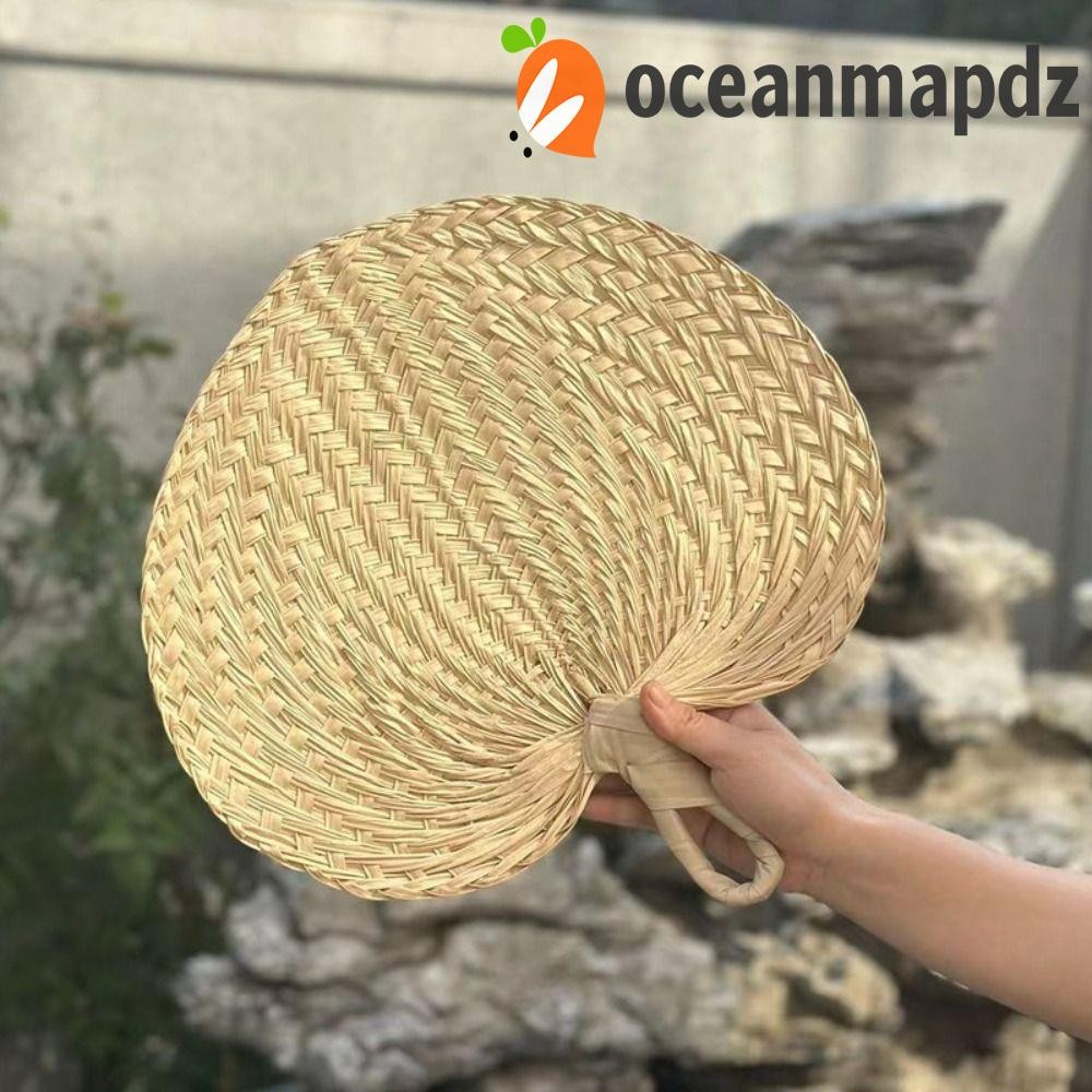 Oceanmapdz พัดลมปาล์ม, พัดลมหวายแฮนด์เมดธรรมชาติ, พัดลมฟางศิลปะน้ําหนักเบาแบบพกพาวินเทจฤดูร้อน