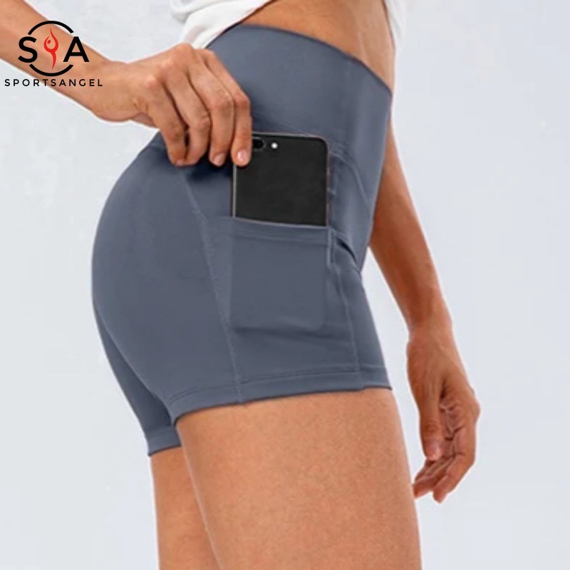 SportsangelSports กางเกงขาสั้นด้านข้างกระเป๋าเอวสูงพีชบั้นท้ายกางเกงขาสั้นฟิตเนสขี่จักรยาน