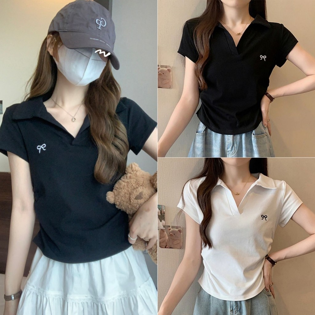 Bella Shop 🌻เสื้อยืดคอโปโลแขนสั้น ดีไซน์โบว์ ดีไซน์จับจีบเอว สไตล์เกาหลี เสื้อทรงเข้ารูป