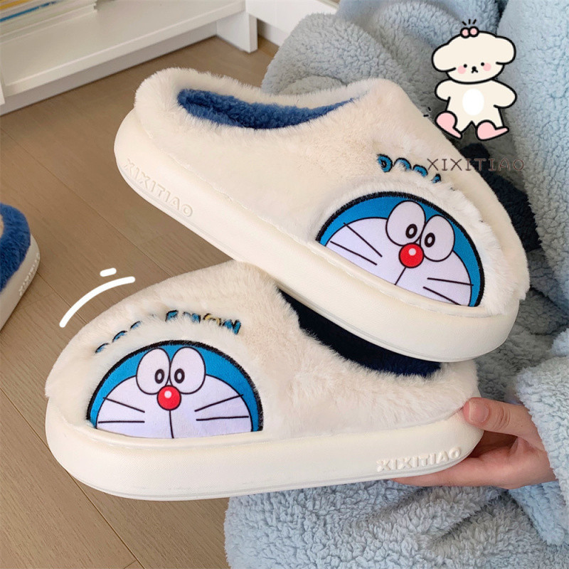 Xitiao ฤดูใบไม้ร่วงฤดูหนาว Doraemon ip Co-Branded Warm Baotou รองเท้าแตะผ้าฝ้ายการ์ตูนน่ารัก Tinkerbell Cat Soft Sole Confinement รองเท้าผู้หญิง