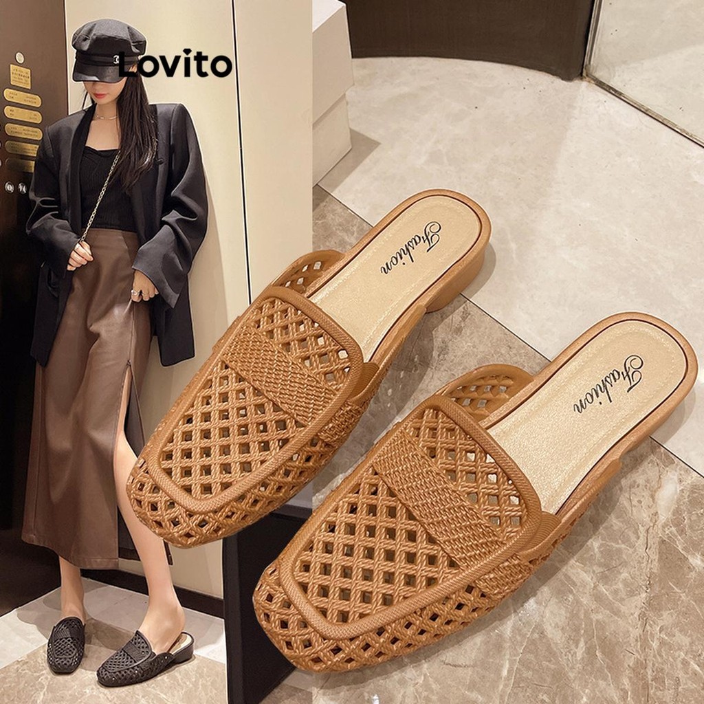 Lovito รองเท้าแตะส้นแบนกันลื่นพื้นนุ่มแบบเรียบง่ายสำหรับผู้หญิง LFA56356